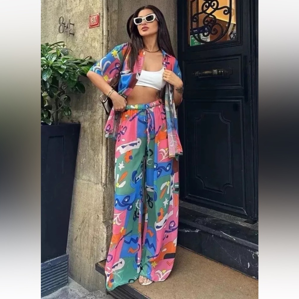 ZARA 2pc Co Ord Set Colorful Printed Semi Sheer Shirt & Pants Size Small NWT
